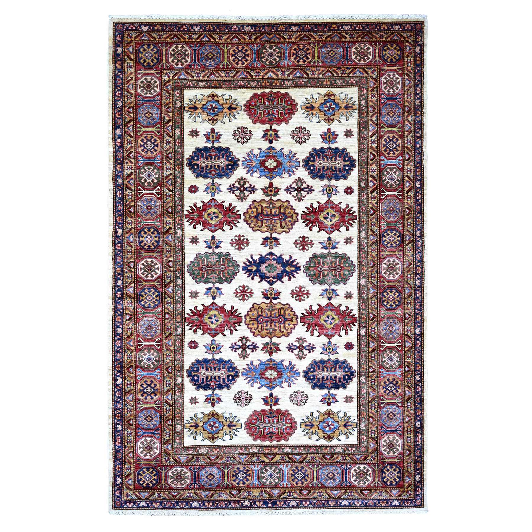 Alabaster White, Afghan Super Kazak with Tribal Medallions Design, Hand Knotted, Velvety Wool, Vegetable Dyes, Oriental Rug